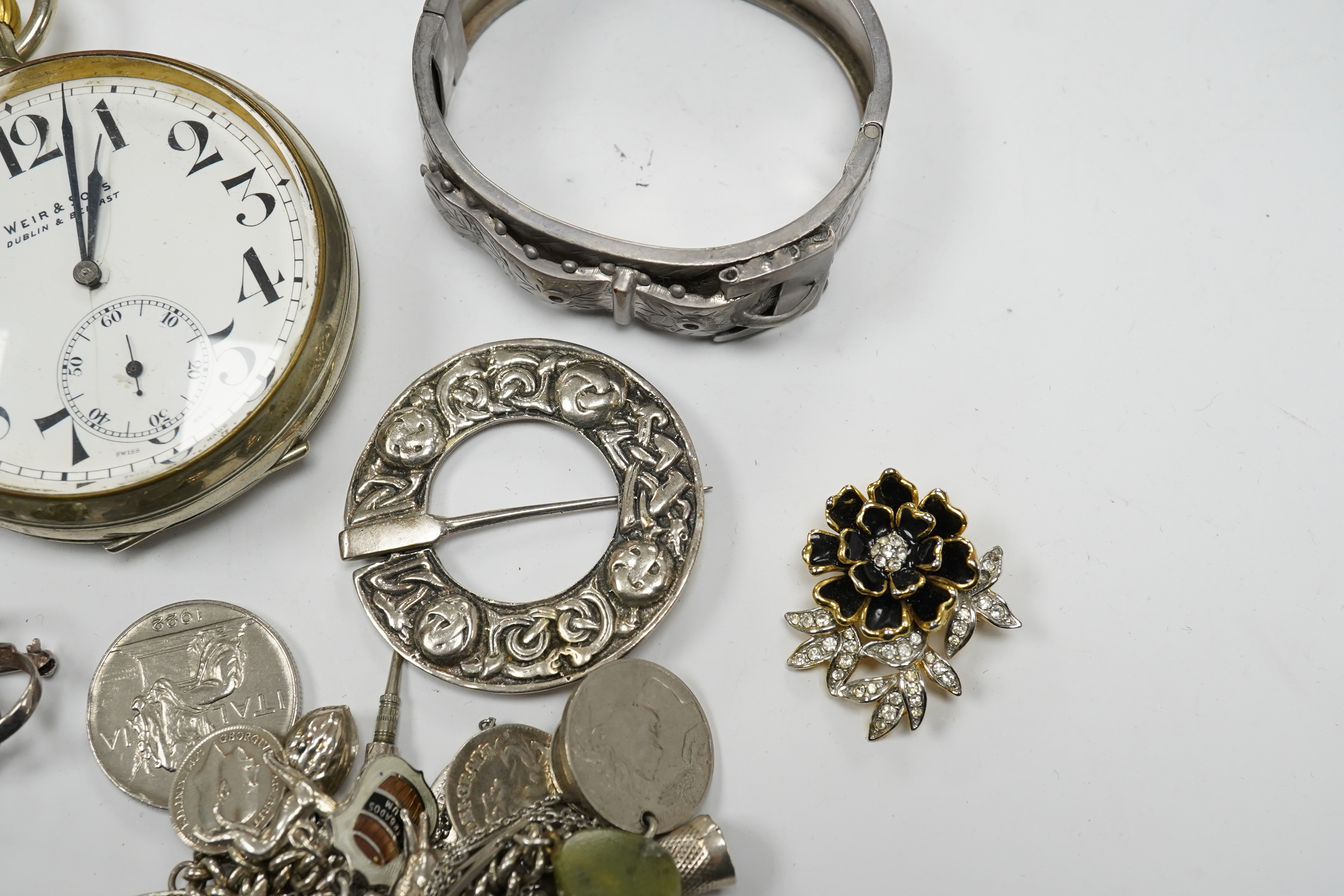 Assorted jewellery etc. including a silver bangle, a white metal Celtic style brooch and a Weir & Son nickel cased pocket watch. Condition - poor to fair to good.